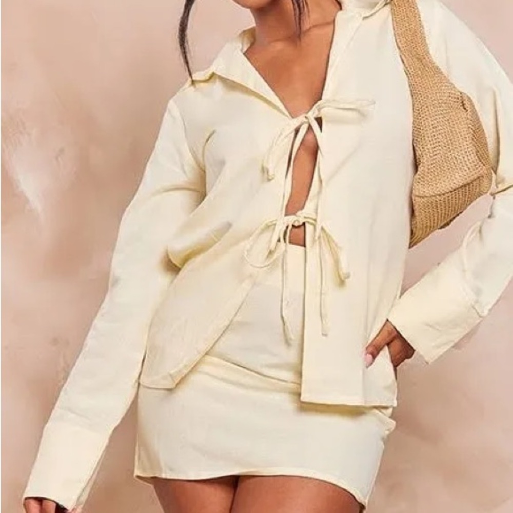 Pretty Little Thing PALE YELLOW LINEN LOOK DOUBLE TIE FRONT SHIRT & SKIRT